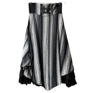 Simon Chang Grey Striped Maxi Skirt with Ribbons and Ruffles